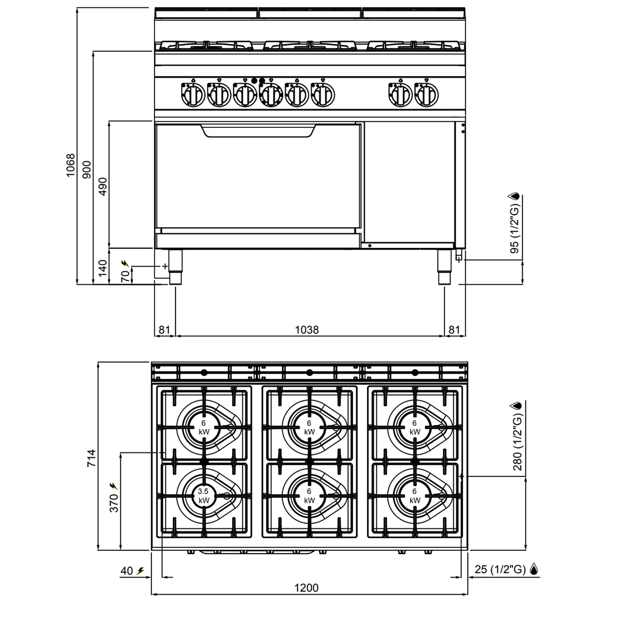 Gaskogebord 6 x Brænder (33,5 kW) + elektrisk statisk ovn (7,5 kW)