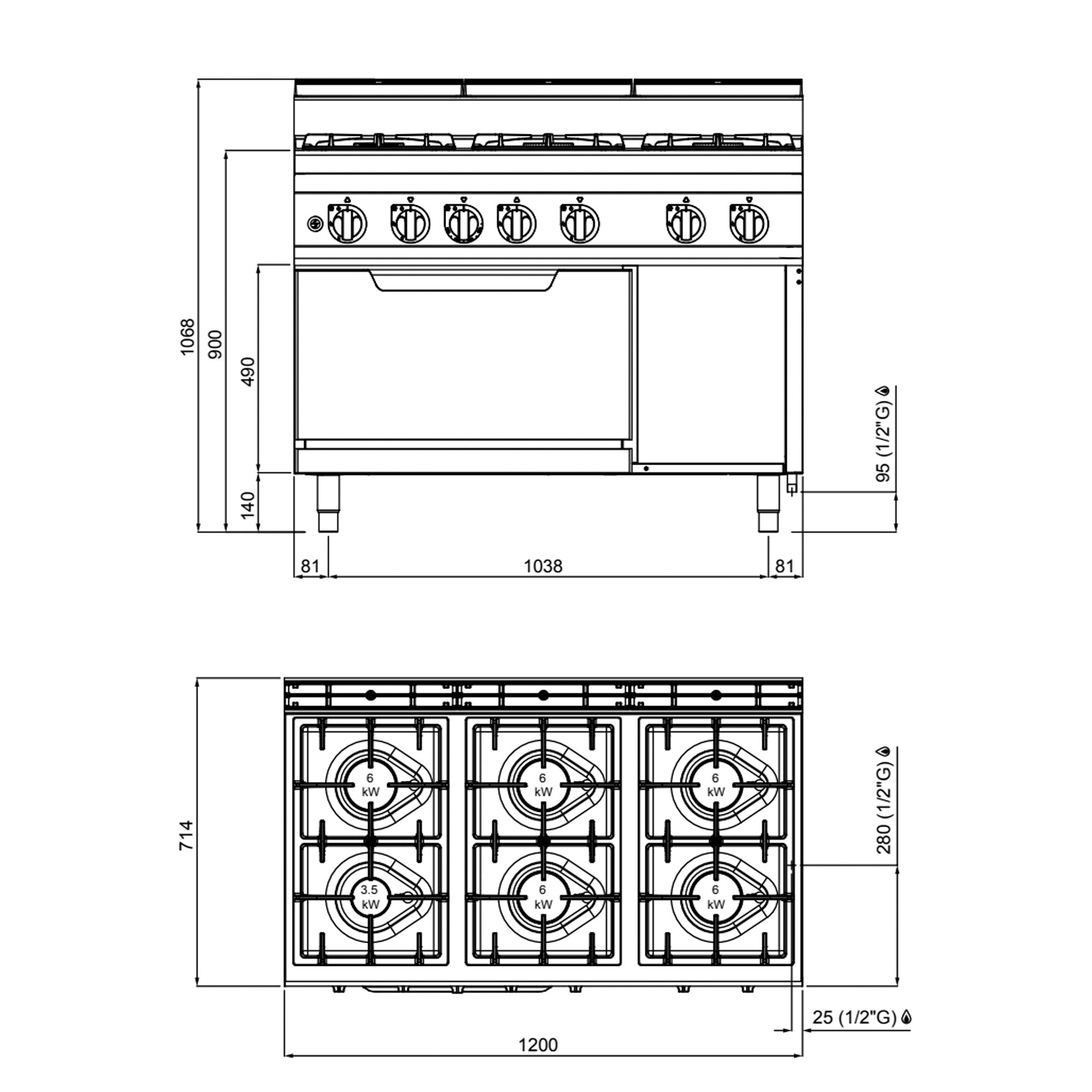 Gaskogebord 6 x Brænder (33,5 kW) + Gasovn (7,8 kW)