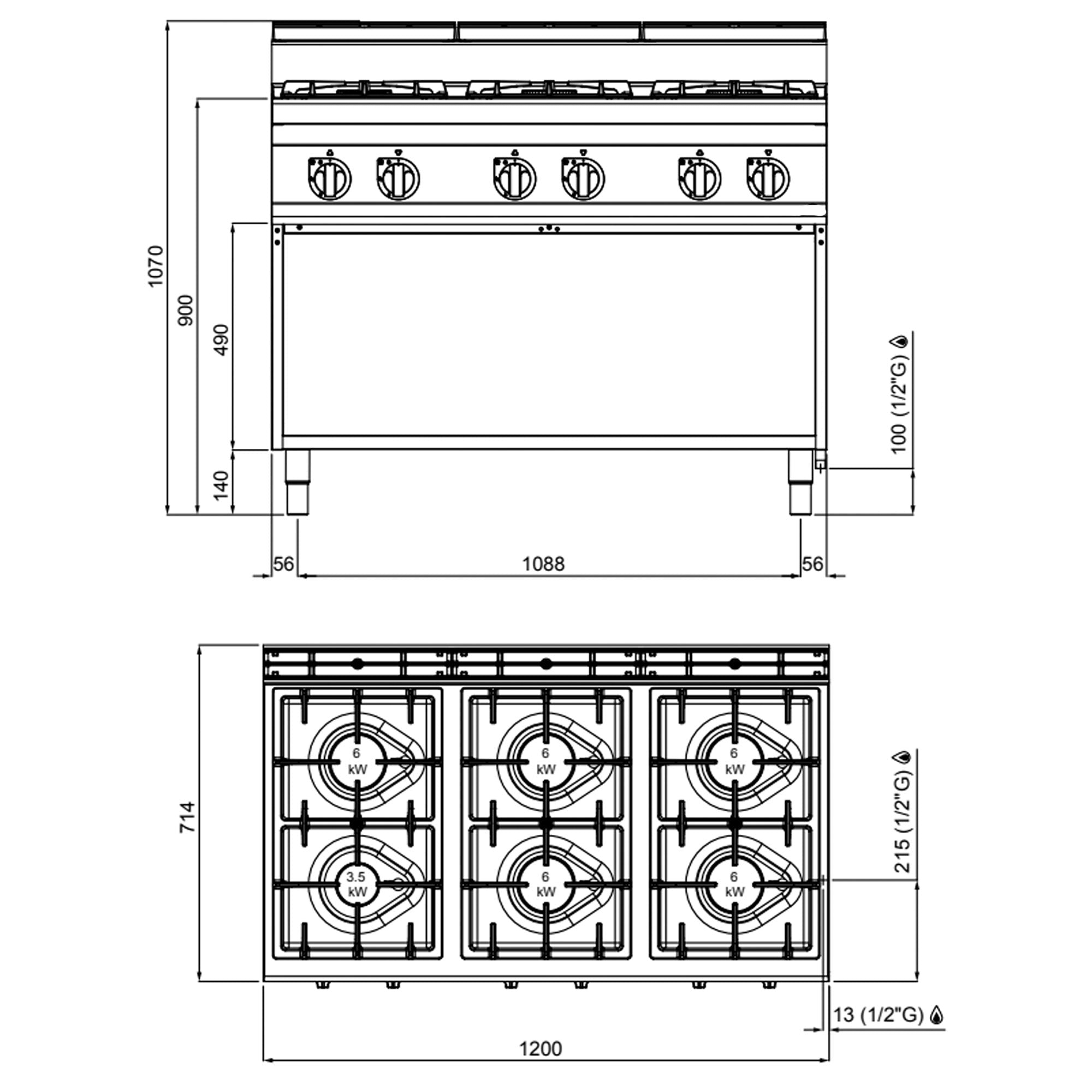 Gaskogebord 6 Brænder (33,5 kW) med pilot flamme