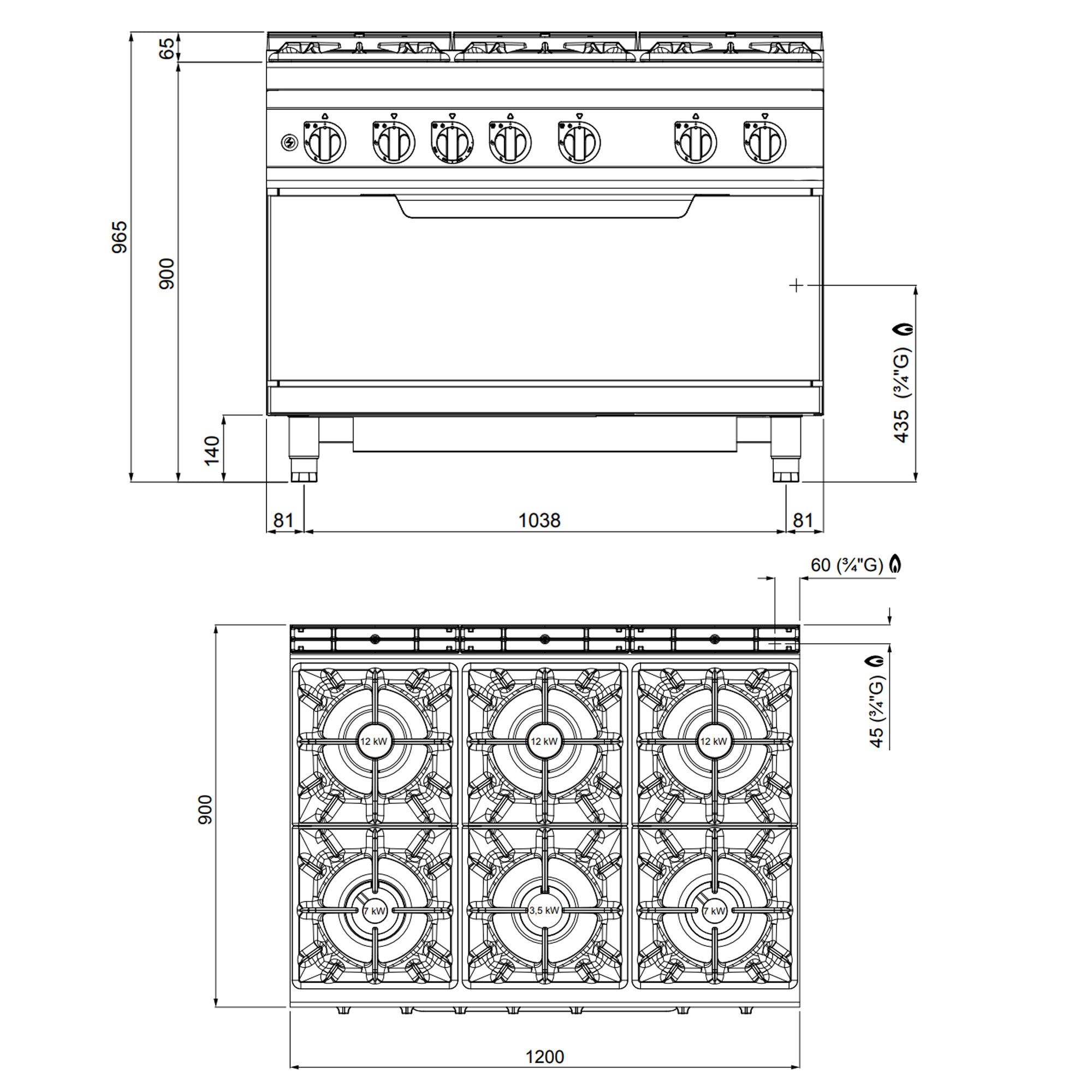 Gaskogebord 6 Brænder (53,5 kW) + Gasovn (12 kW)