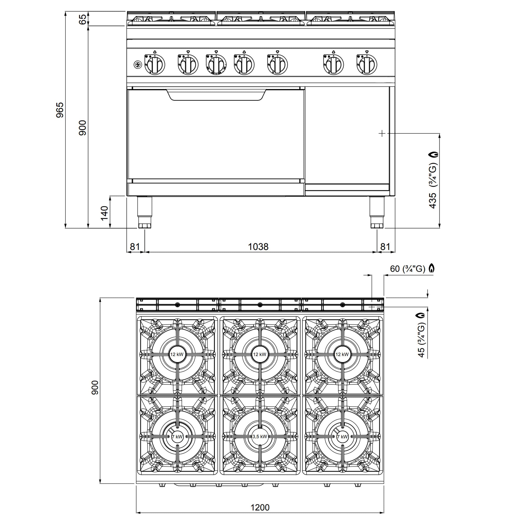 Gaskogebord 6 Brænder (53,5 kW) + Gasovn (7,8 kW)