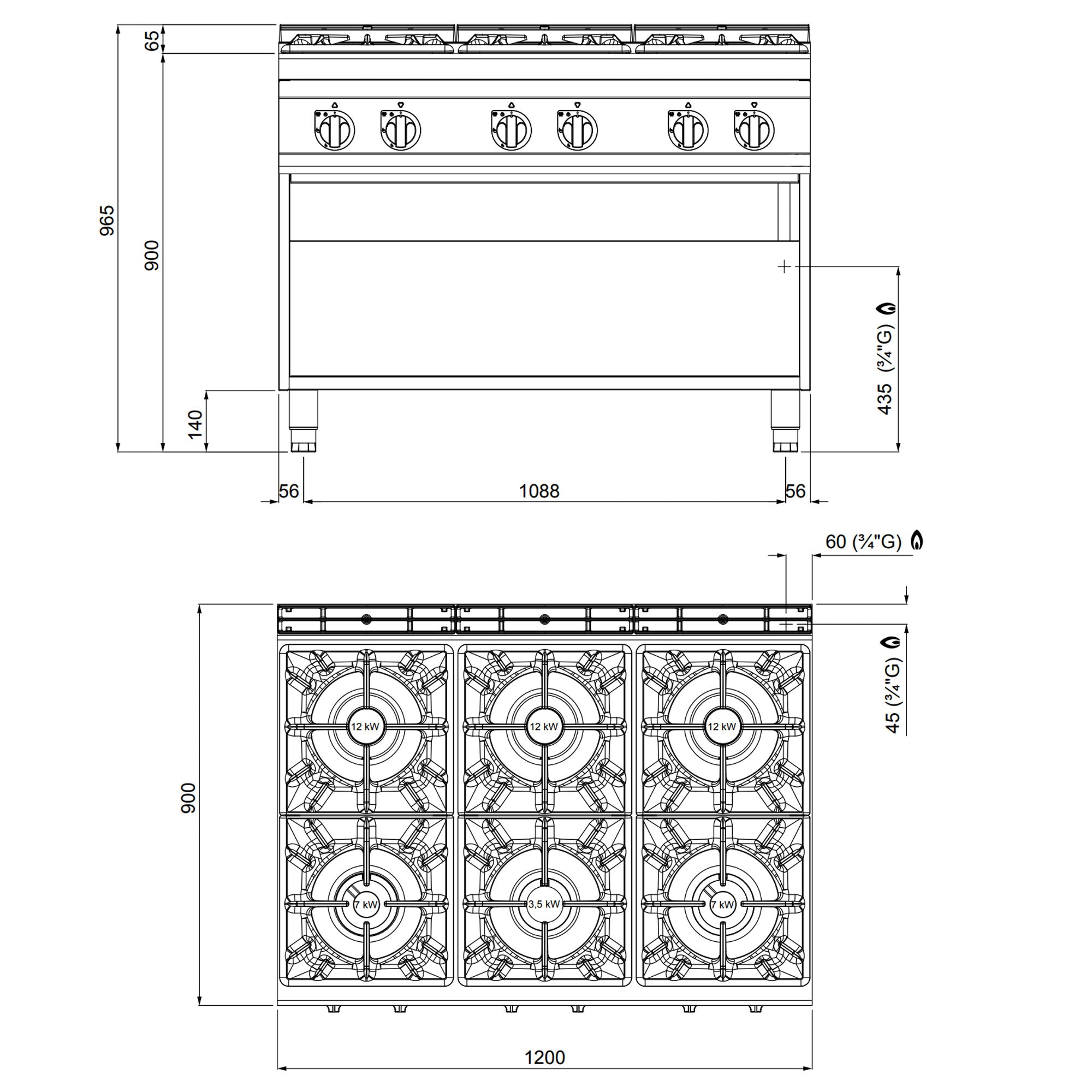 Gaskogebord 6 Brænder (53,5 kW) med pilottænding