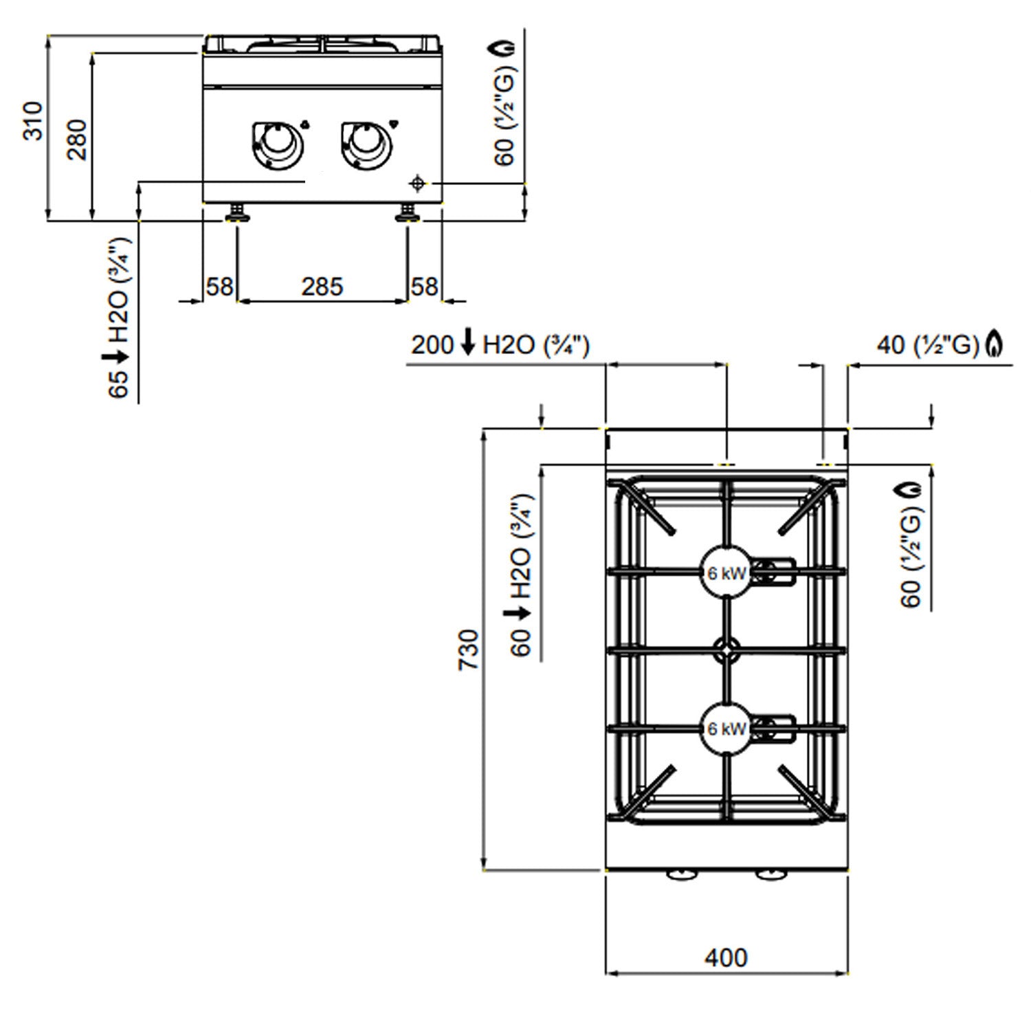 Gaskogebord 2 Brænder (12 kW)