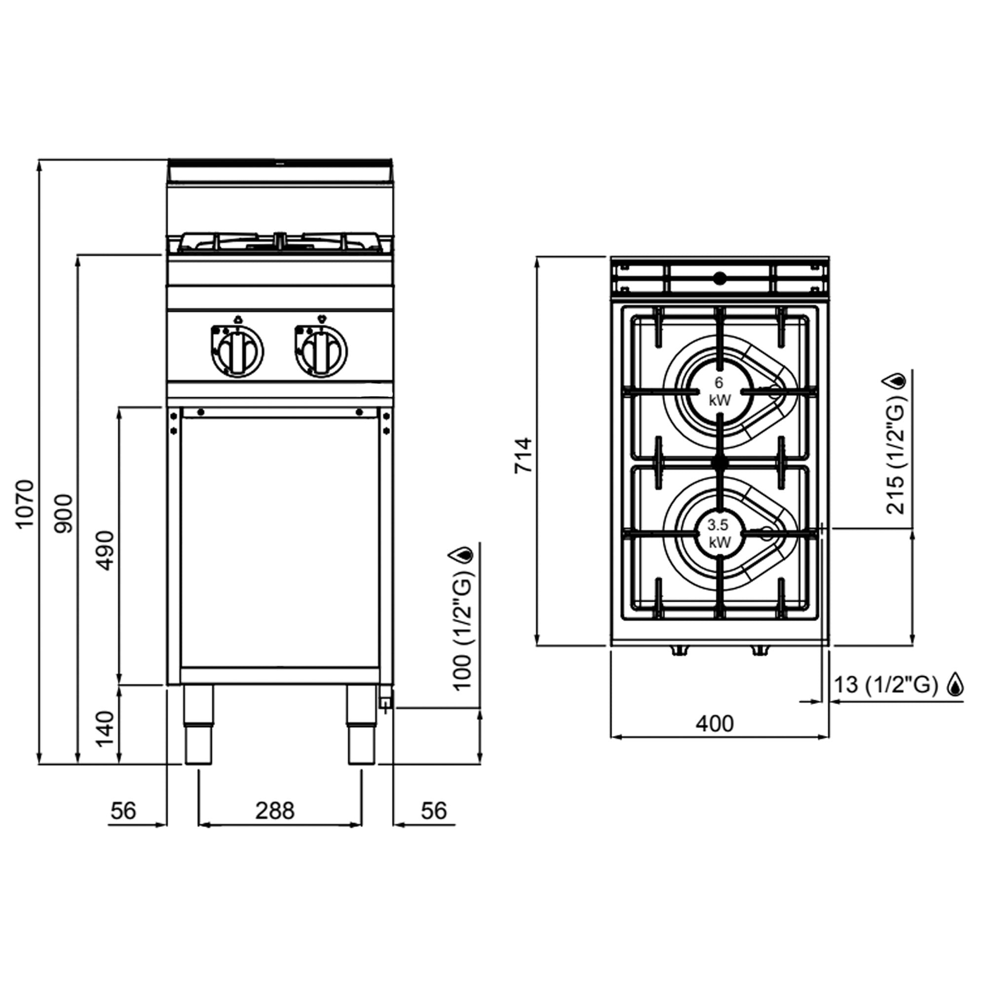 Gaskogebord 2 Brænder (9,5 kW) med pilot flamme