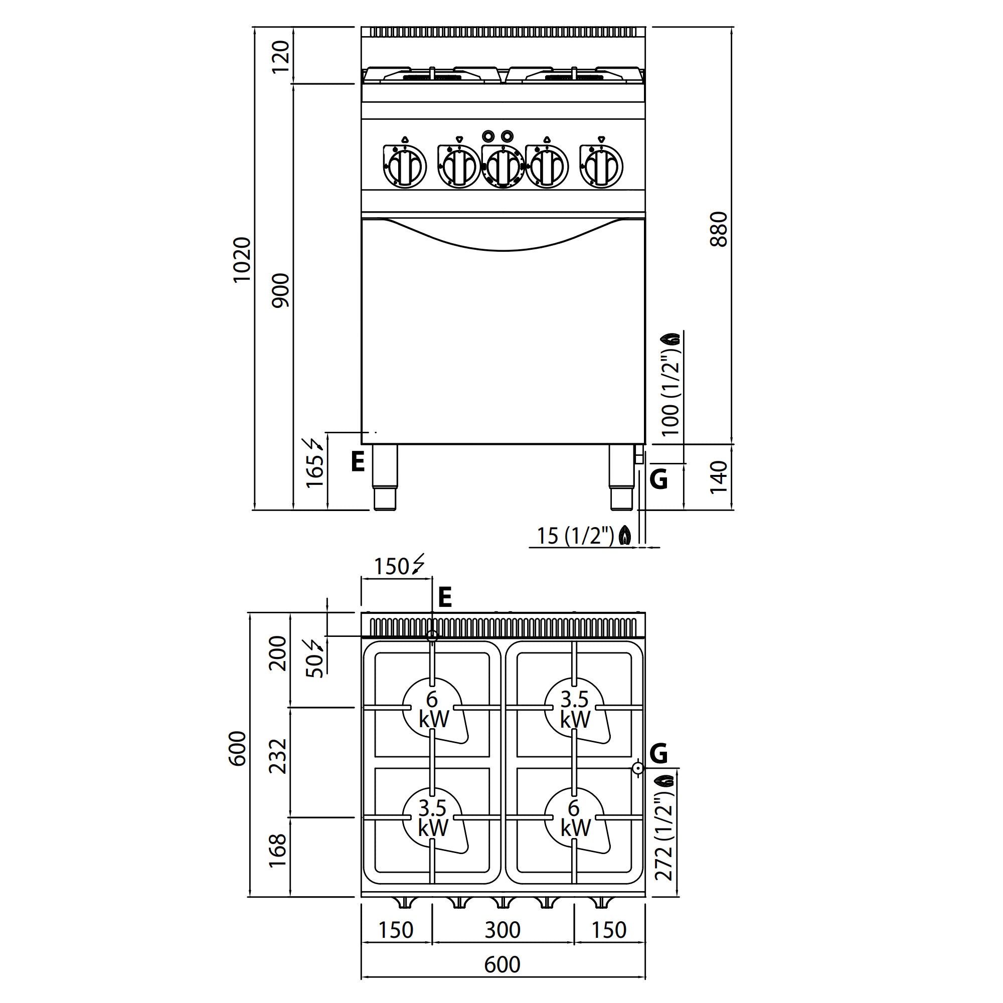 Gaskogebord 4 Brænder (19 kW) + elektrisk konvektionsovn (3 kW)