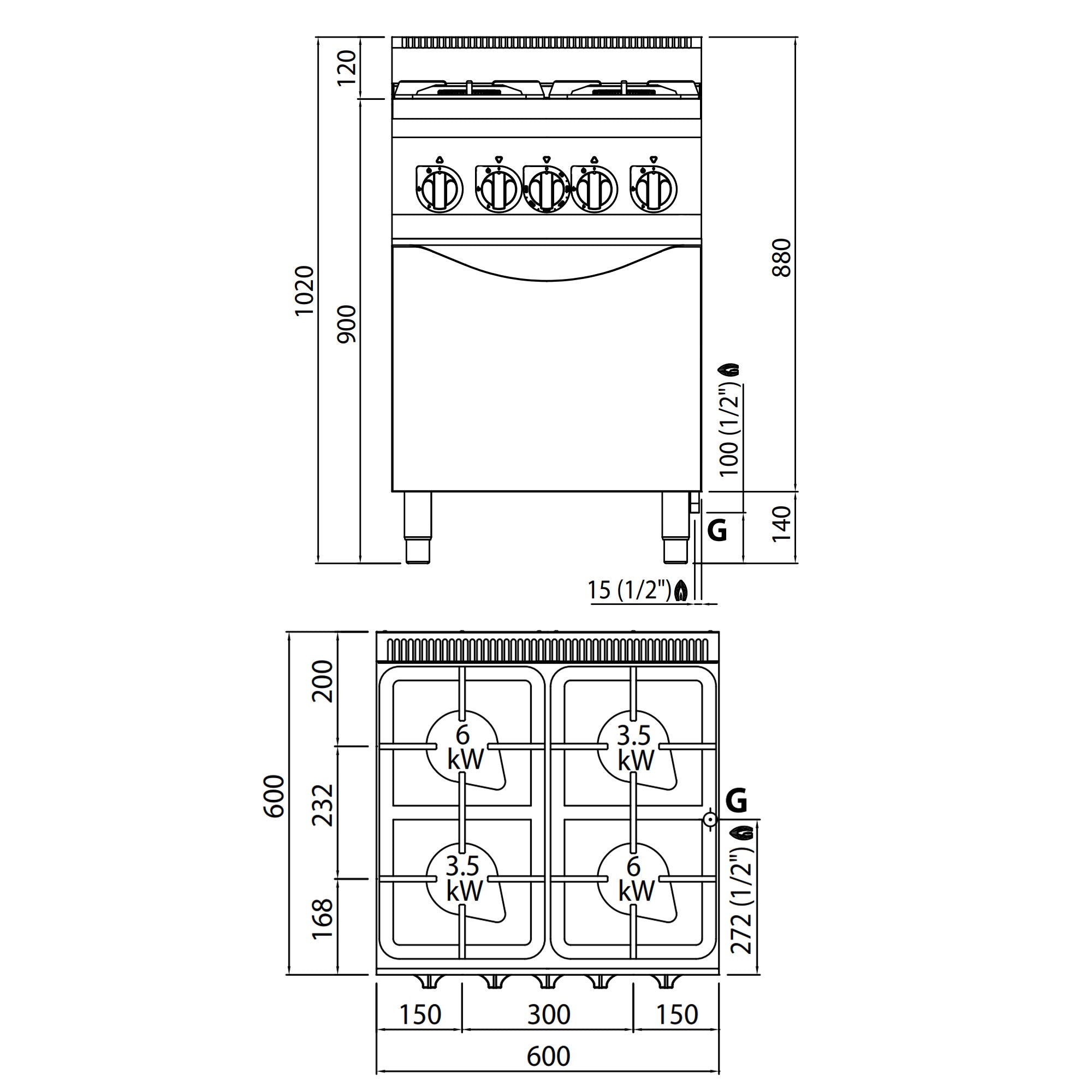 Gaskogebord 4 Brænder (19 kW) + Gasovn (3,5 kW)