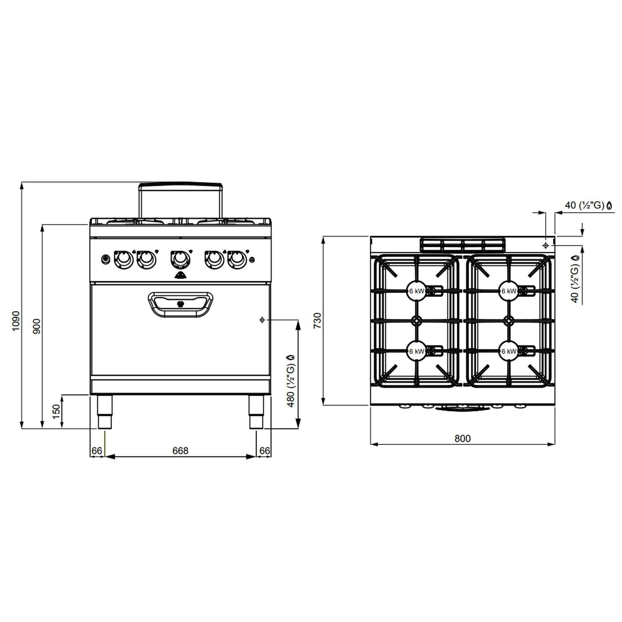 Gaskogebord - 24 kW - 4 blus - inkl. gasovn - 7,8 kW