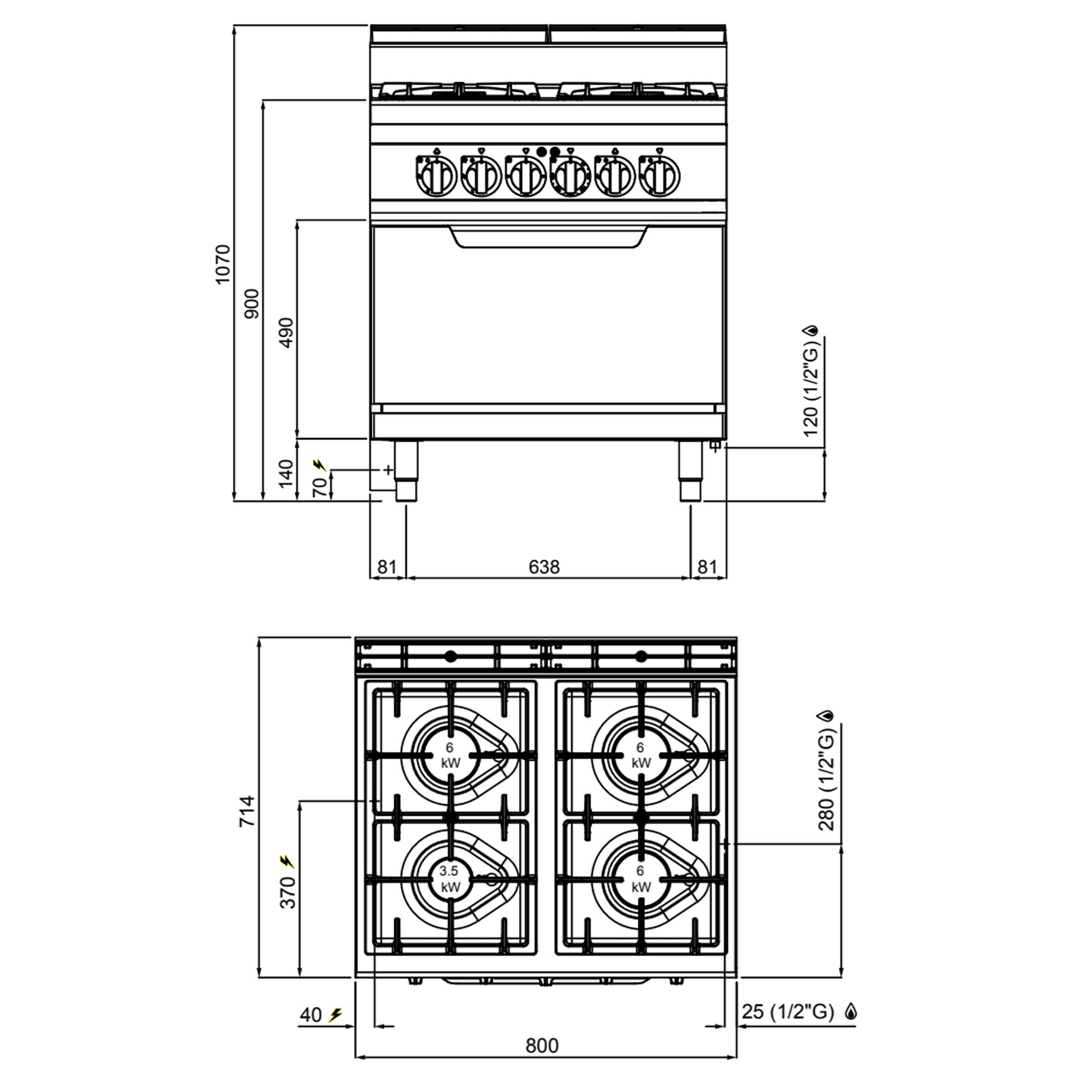 Gaskogebord 4 Brænder (21,5 kW) + elektrisk statisk ovn (7,5 kW)