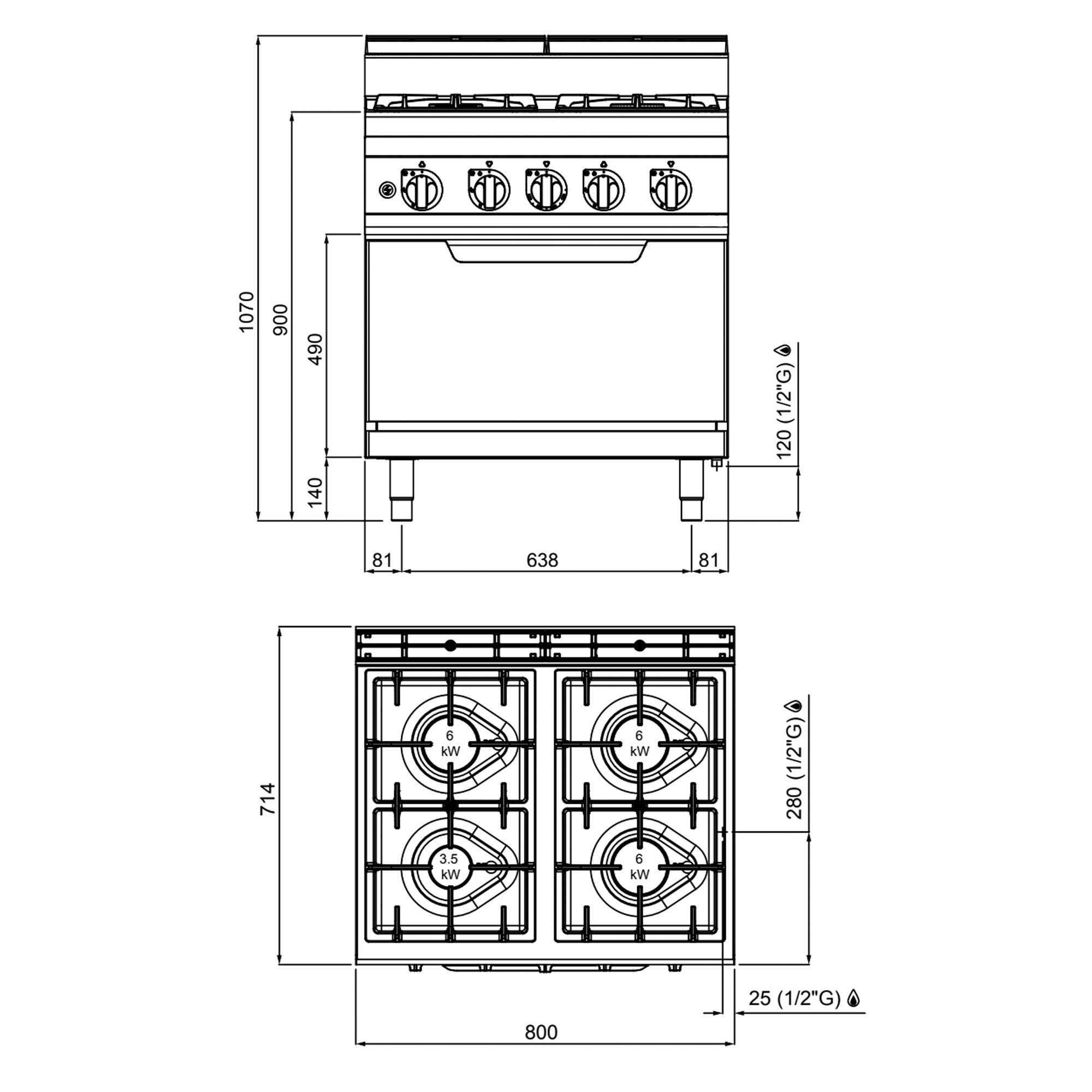 Gaskogebord 4 Brænder (21,5 kW) + Gasovn (7,8 kW)