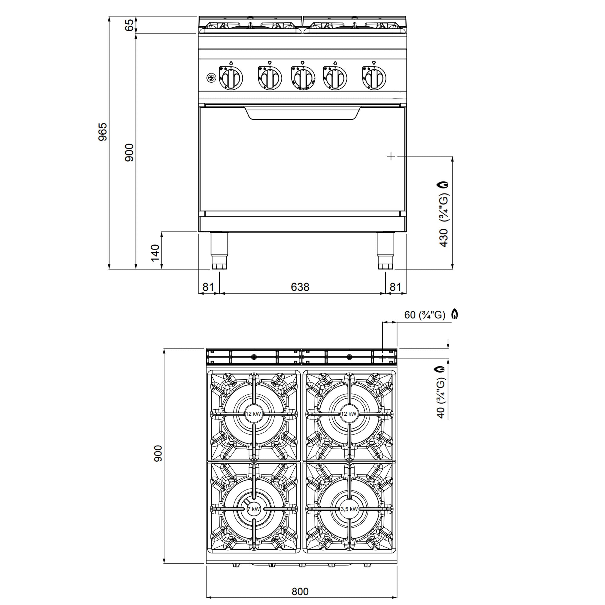 Gaskogebord 4 Brænder (34,5 kW) + Gasovn (7,8 kW)