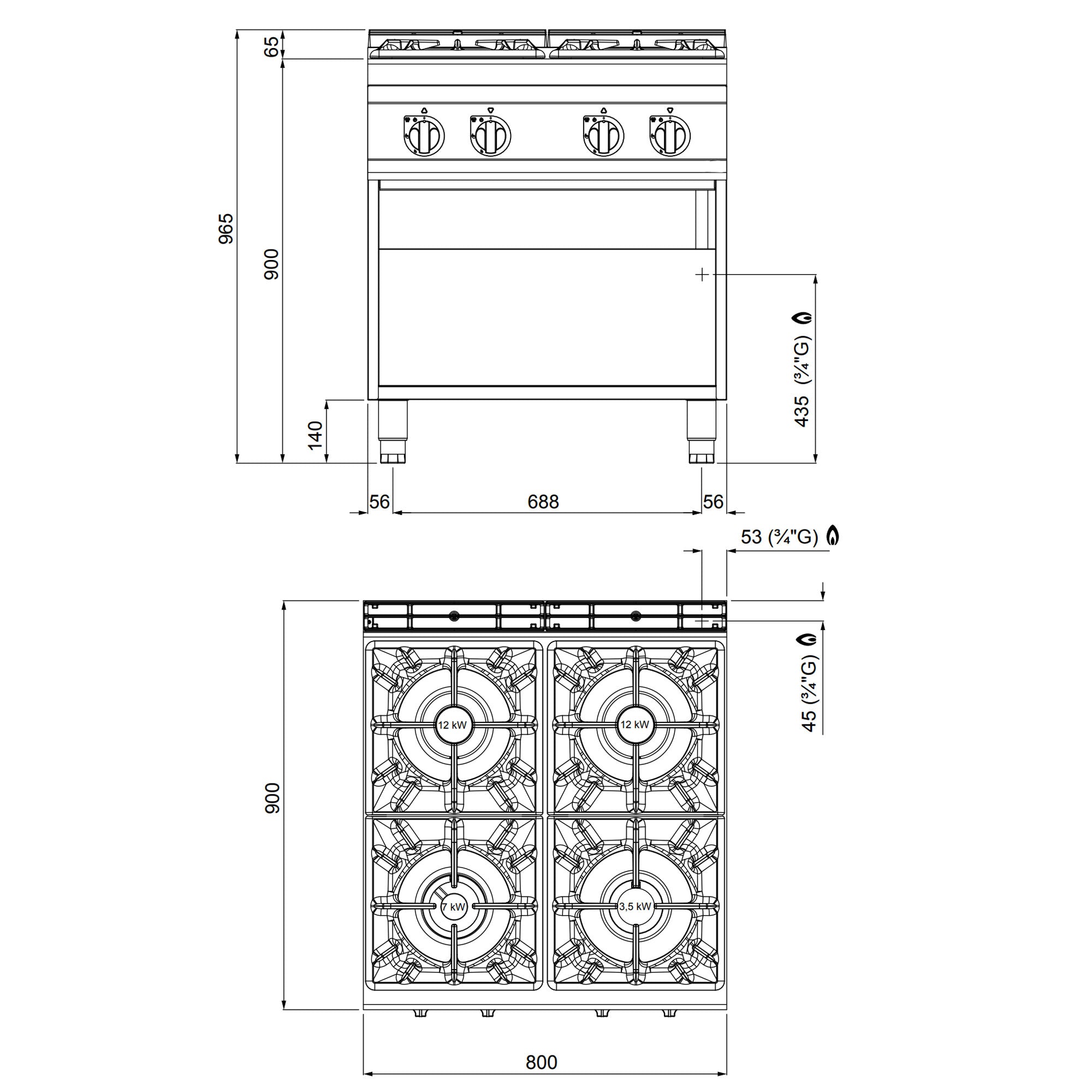 Gaskogebord 4 Brænder (34,5 kW) med pilottænding