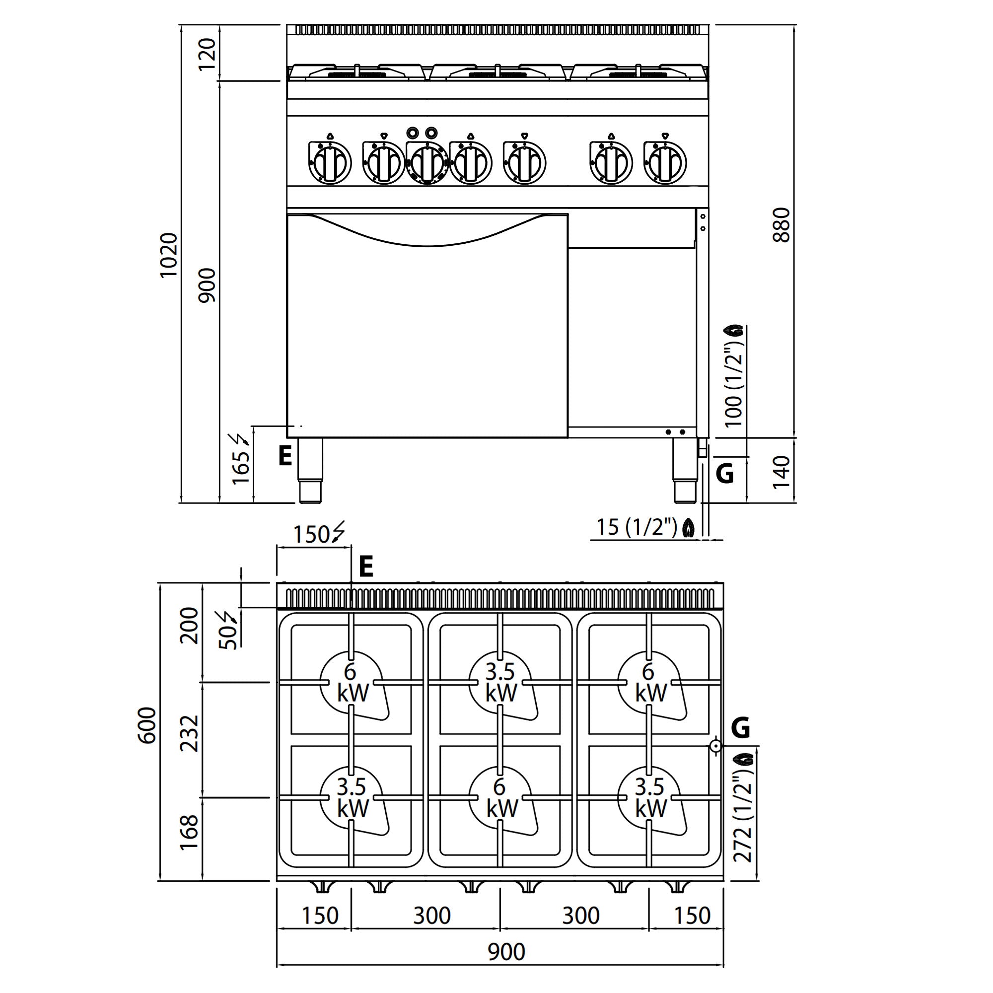 Gaskogebord 6 Brænder (28,5 kW) + elektrisk konvektionsovn (3 kW)