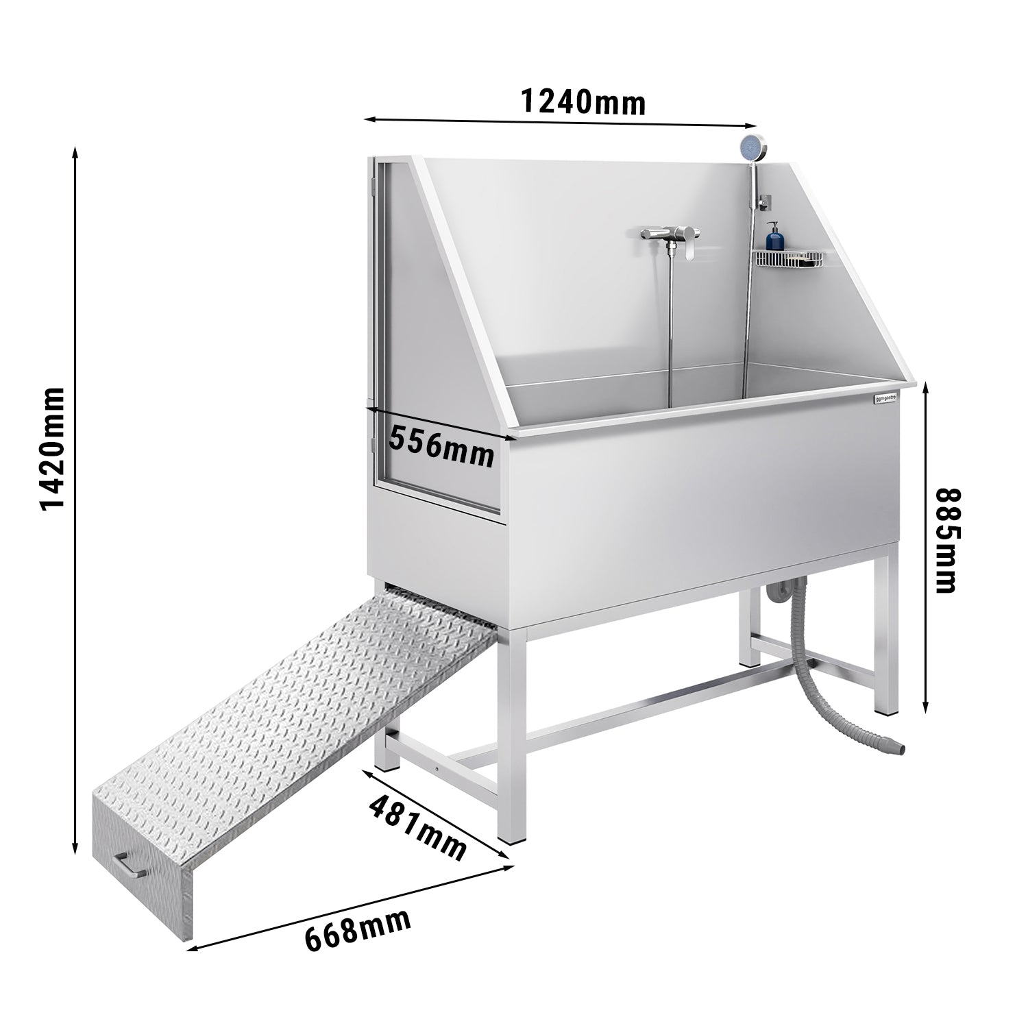 Bad til kæledyr - med rampe, vandhane og perforeret gulv i rustfrit stål