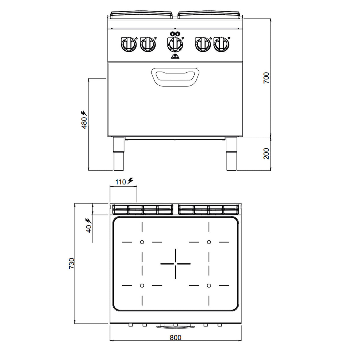 Infrarød ovn - med 4 kogeplader (12,8 kW) og elektrisk ovn (4,7 kW)