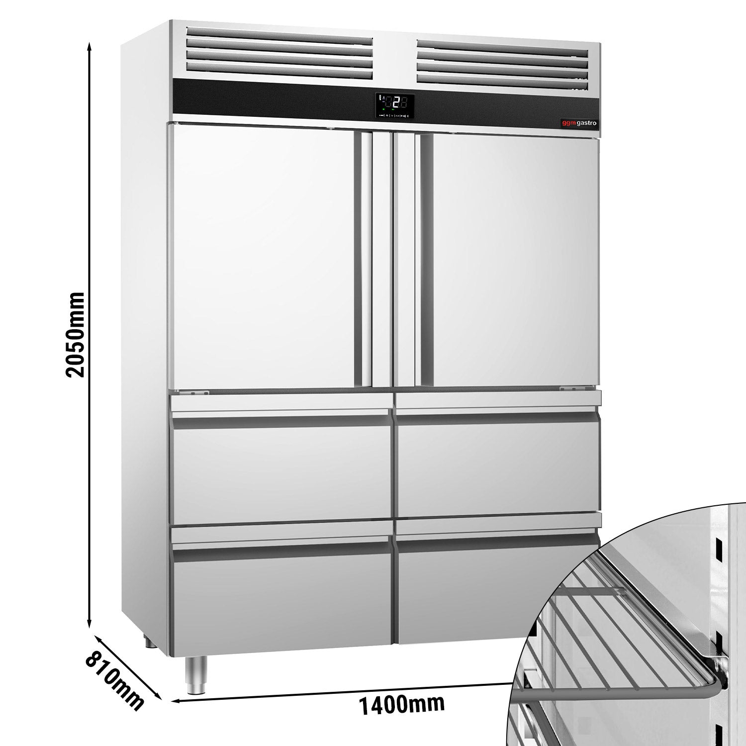 Køleskab - 1,4 x 0,81 m - med 2 halvdøre i rustfrit stål og 4 skuffer 1/2