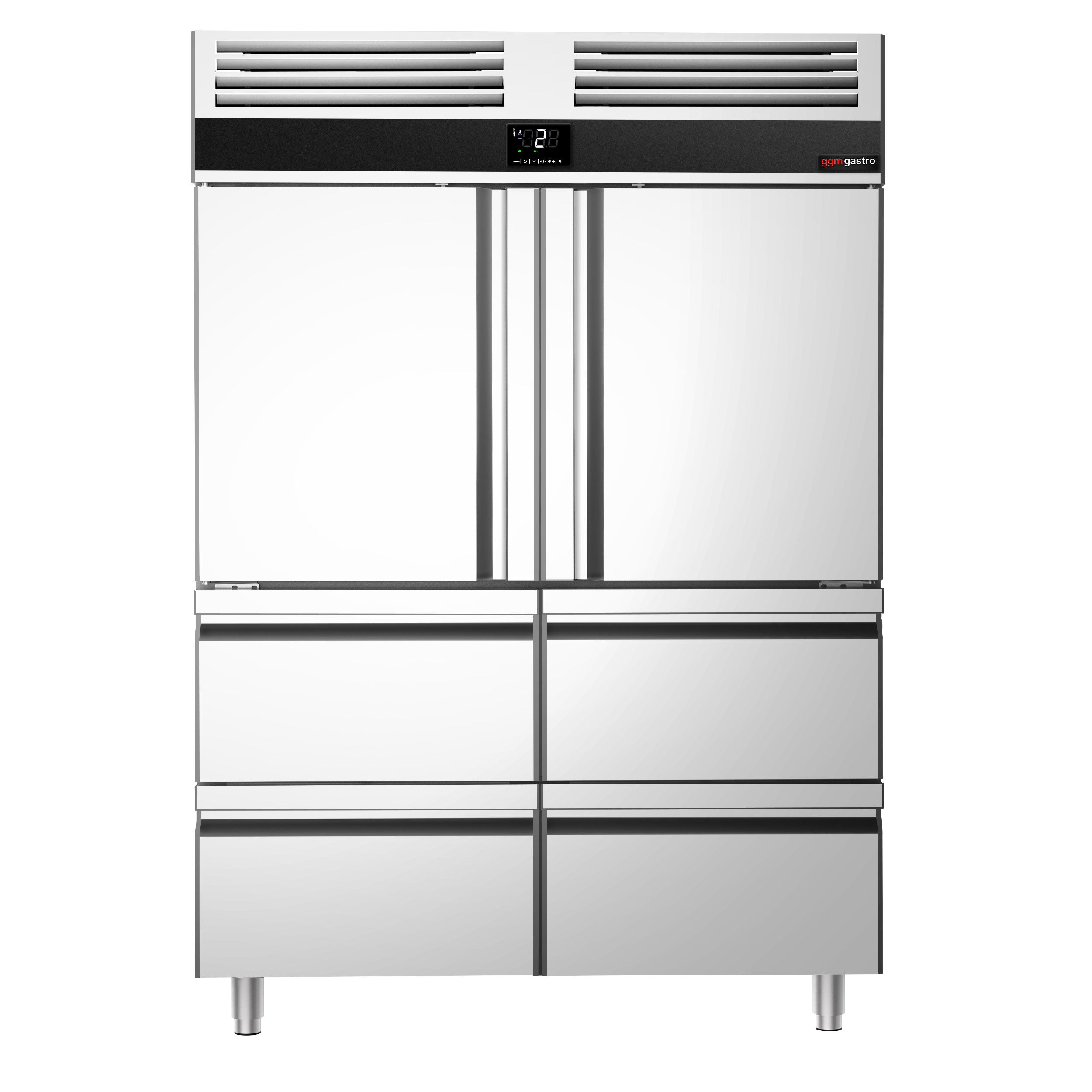 Køleskab - 1,4 x 0,81 m - med 2 halvdøre i rustfrit stål og 4 skuffer 1/2