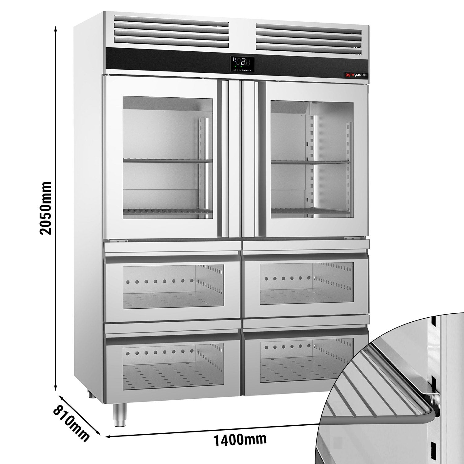 Køleskab - 1,4 x 0,81 m - med 2 glashalvdøre & 4 glasskuffer 1/2