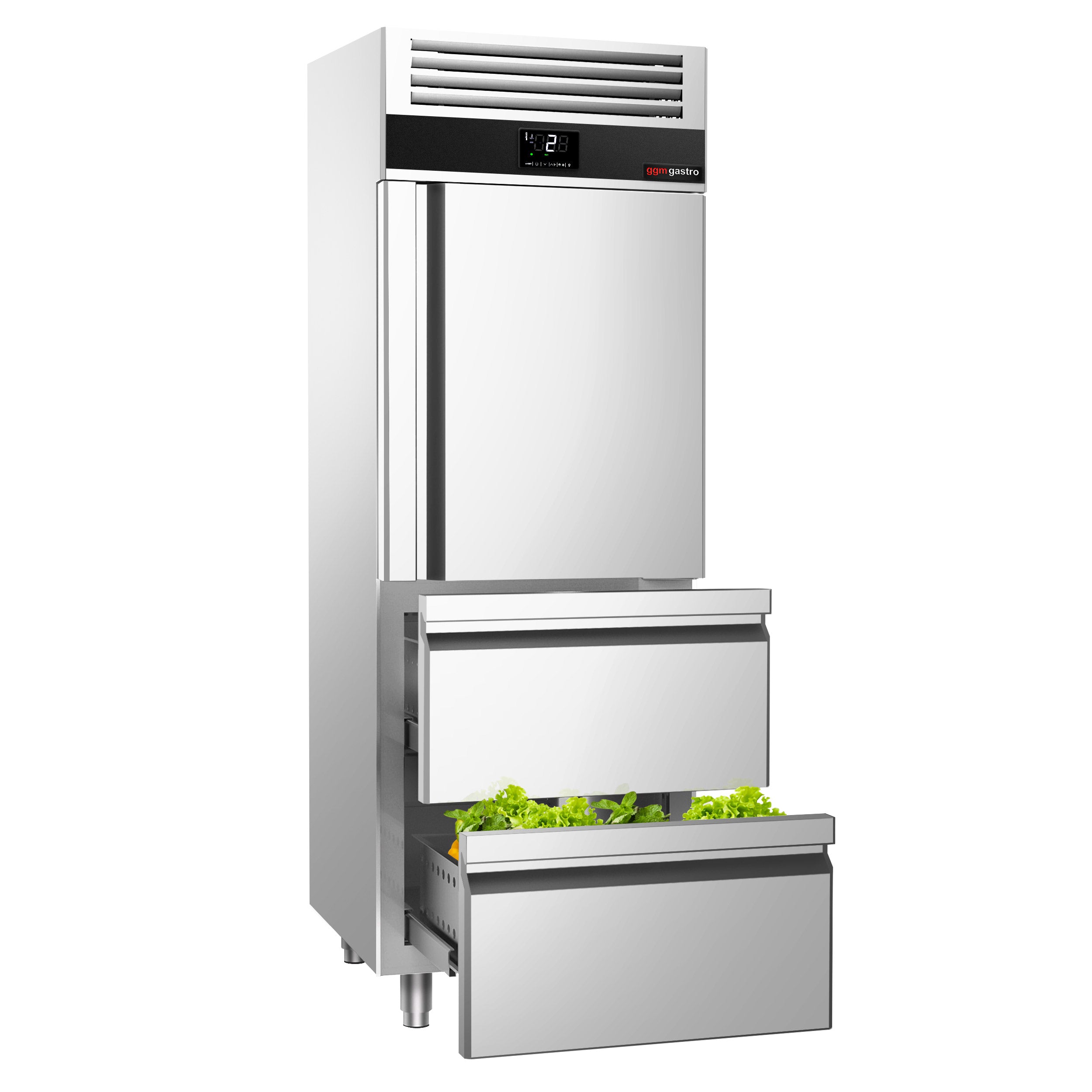 Køleskab - 0,7 x 0,81 m - med 1 halvdør i rustfrit stål og 2 skuffer 1/2