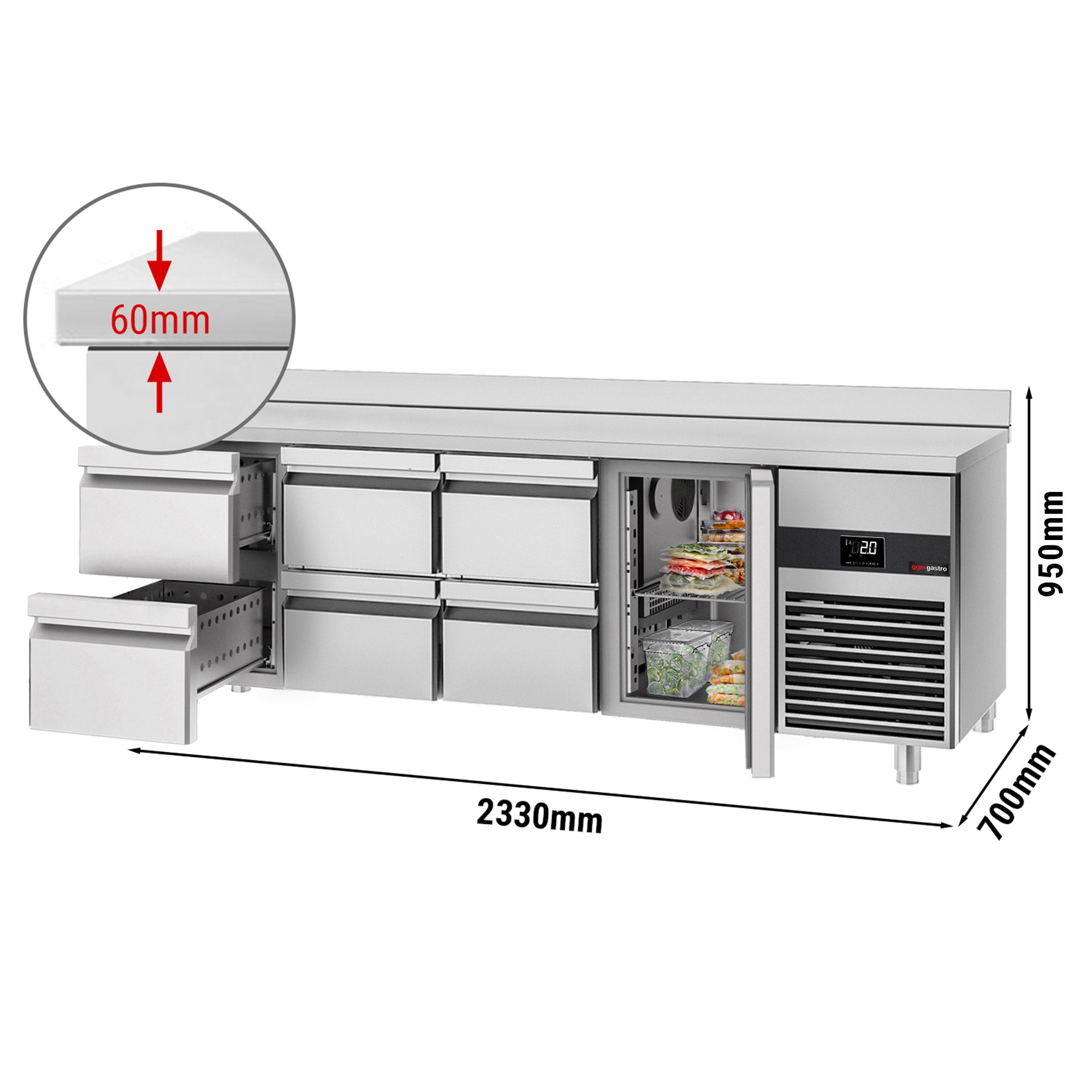 Kølebord PREMIUM - 2,3 x 0,7 m - med 1 Dør og 6 Skuffer 1/2