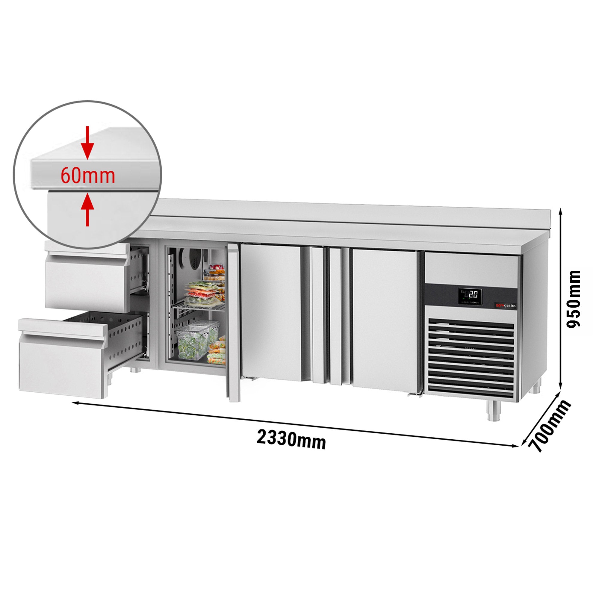 Kølebord PREMIUM - 2,3 x 0,7 m - med 3 Døre og 2 Skuffer 1/2