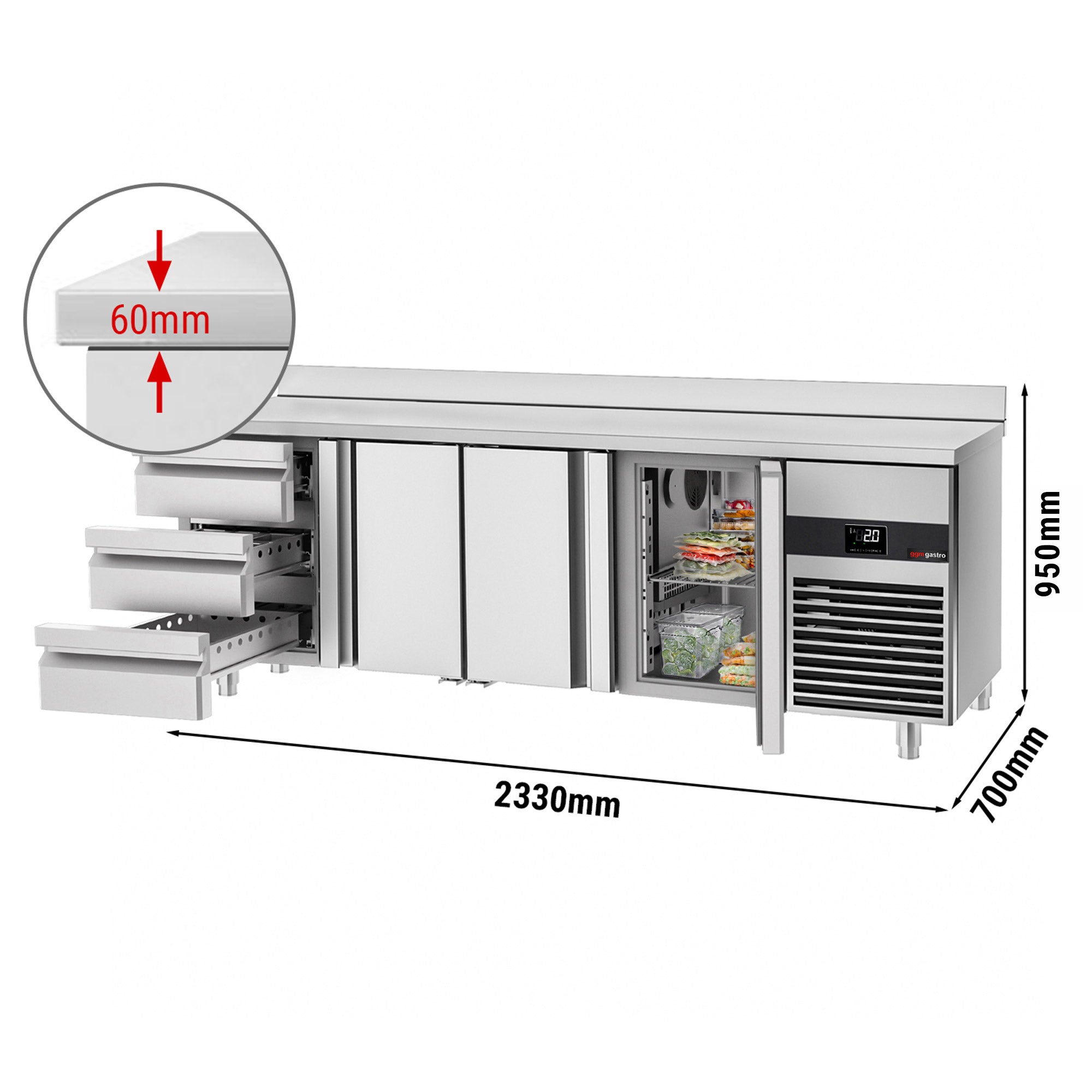 Kølebord PREMIUM - 2,3 x 0,7 m - med 3 Døre og 3 Skuffer 1/3