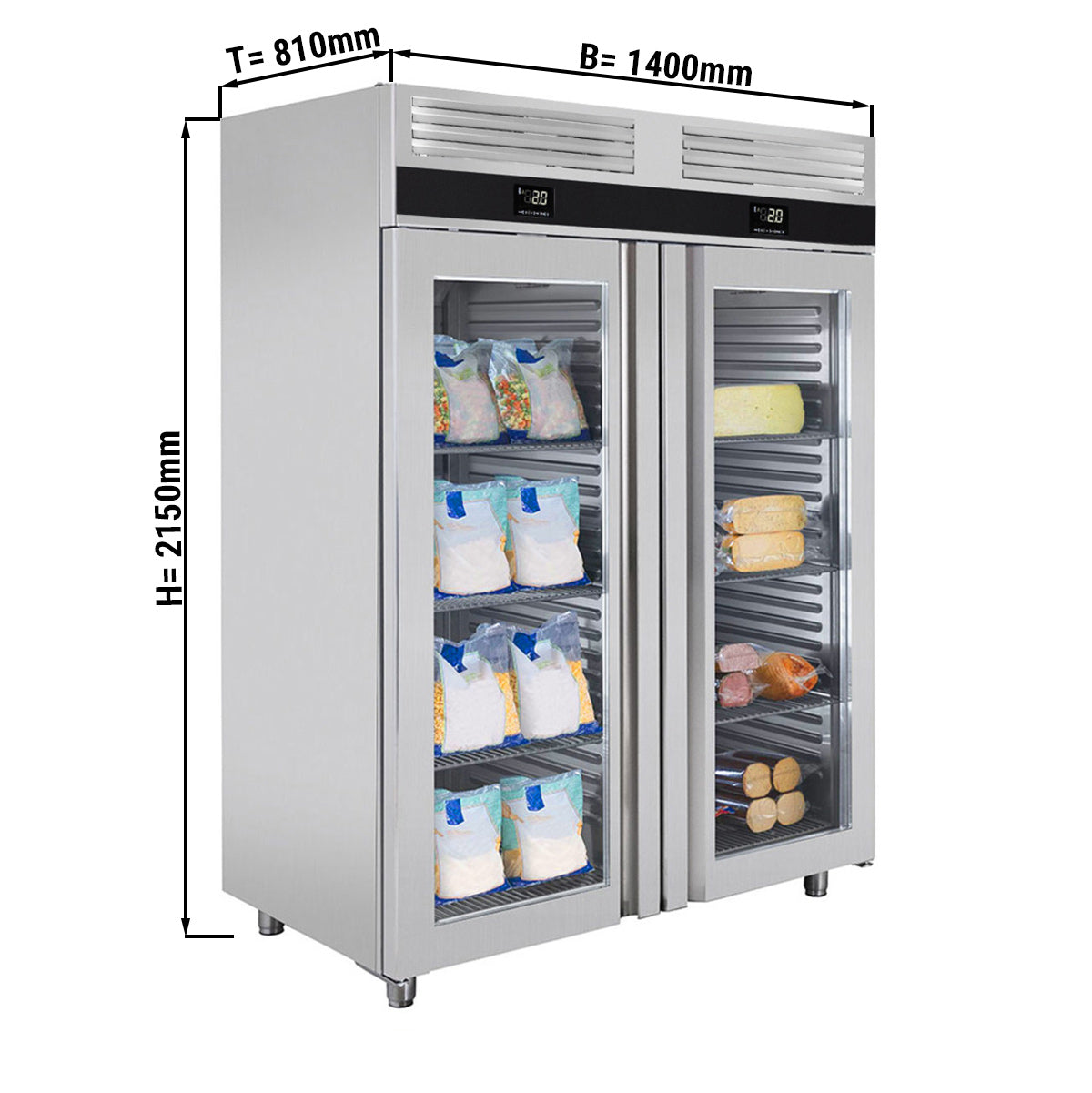 Køleskab og fryser kombination - 1,4 x 0,81 m - 1400 liter - med 2 glasdøre