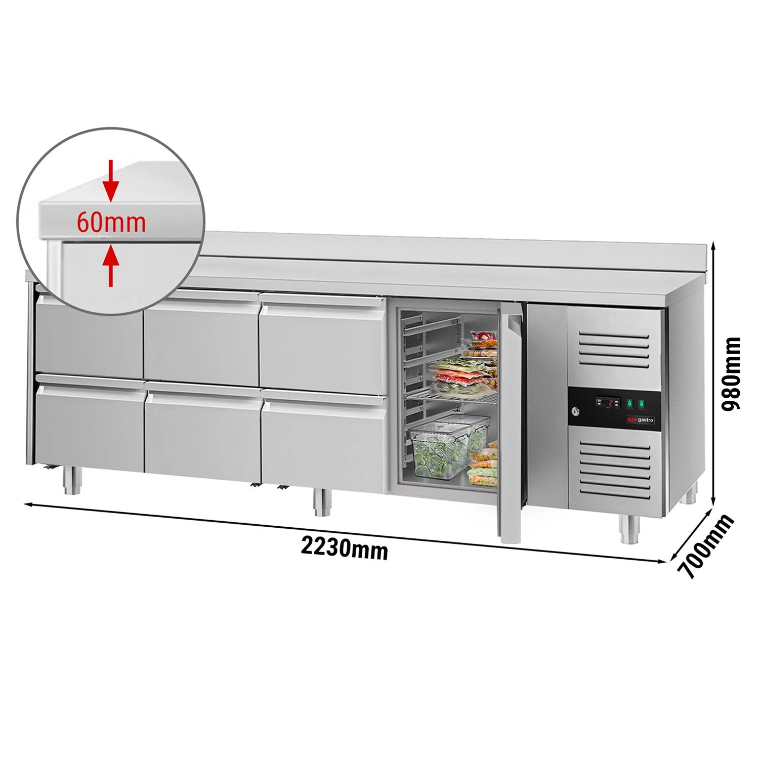 Kølebord PREMIUM - 2,2 x 0,7 m - med 1 Dør og 6 Skuffer 1/2