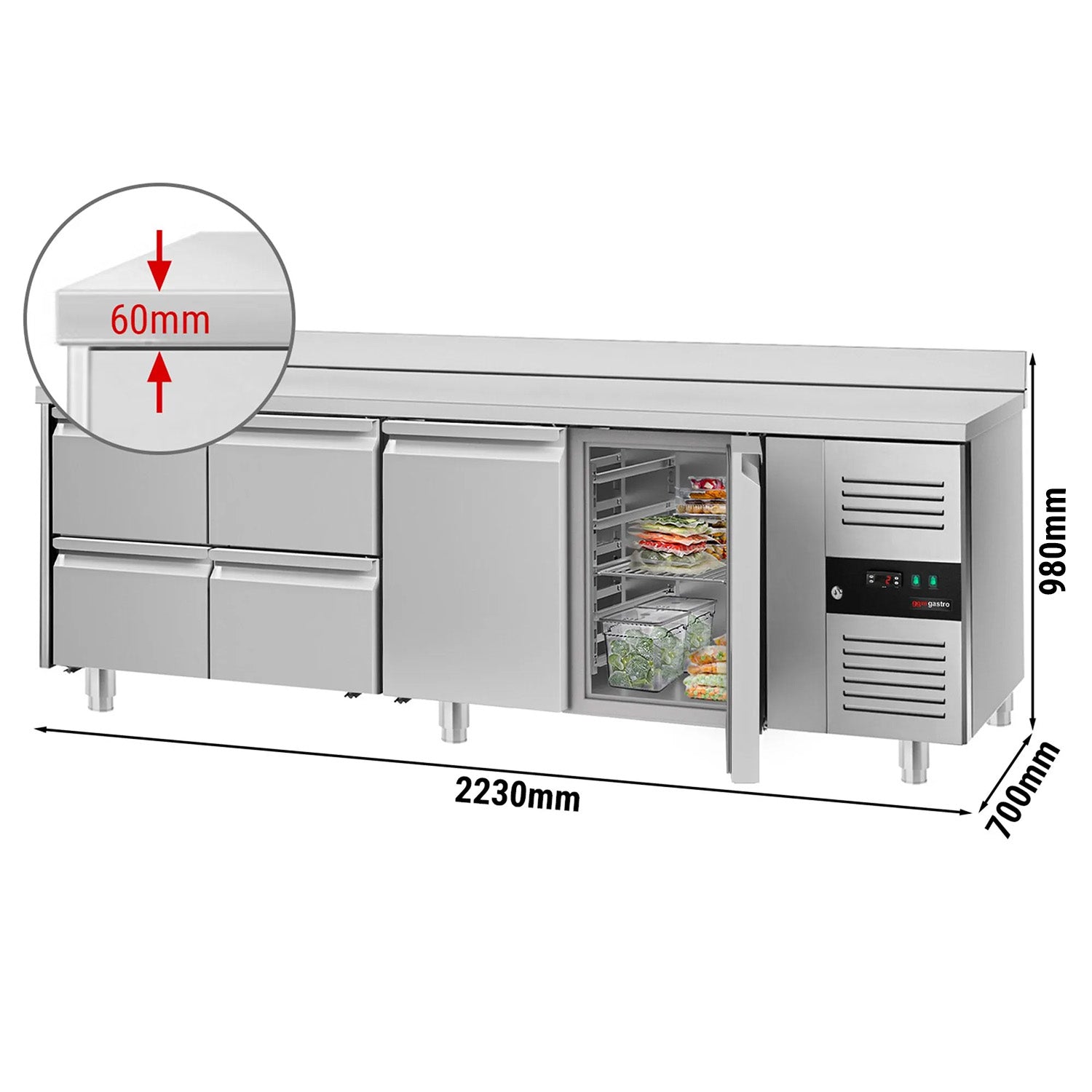 Kølebord PREMIUM - 2,2 x 0,7 m - med 2 Døre og 4 Skuffer 1/2