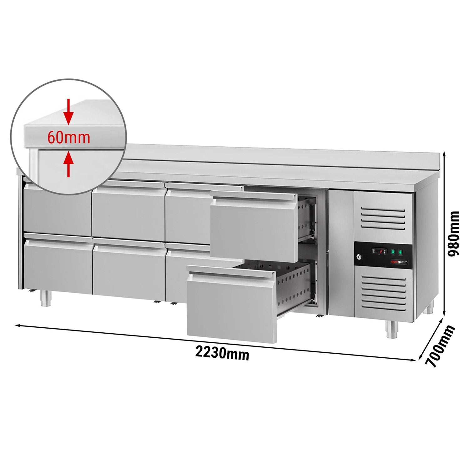 Kølebord PREMIUM - 2,23 x 0,7 m - med 8 Skuffer 1/2