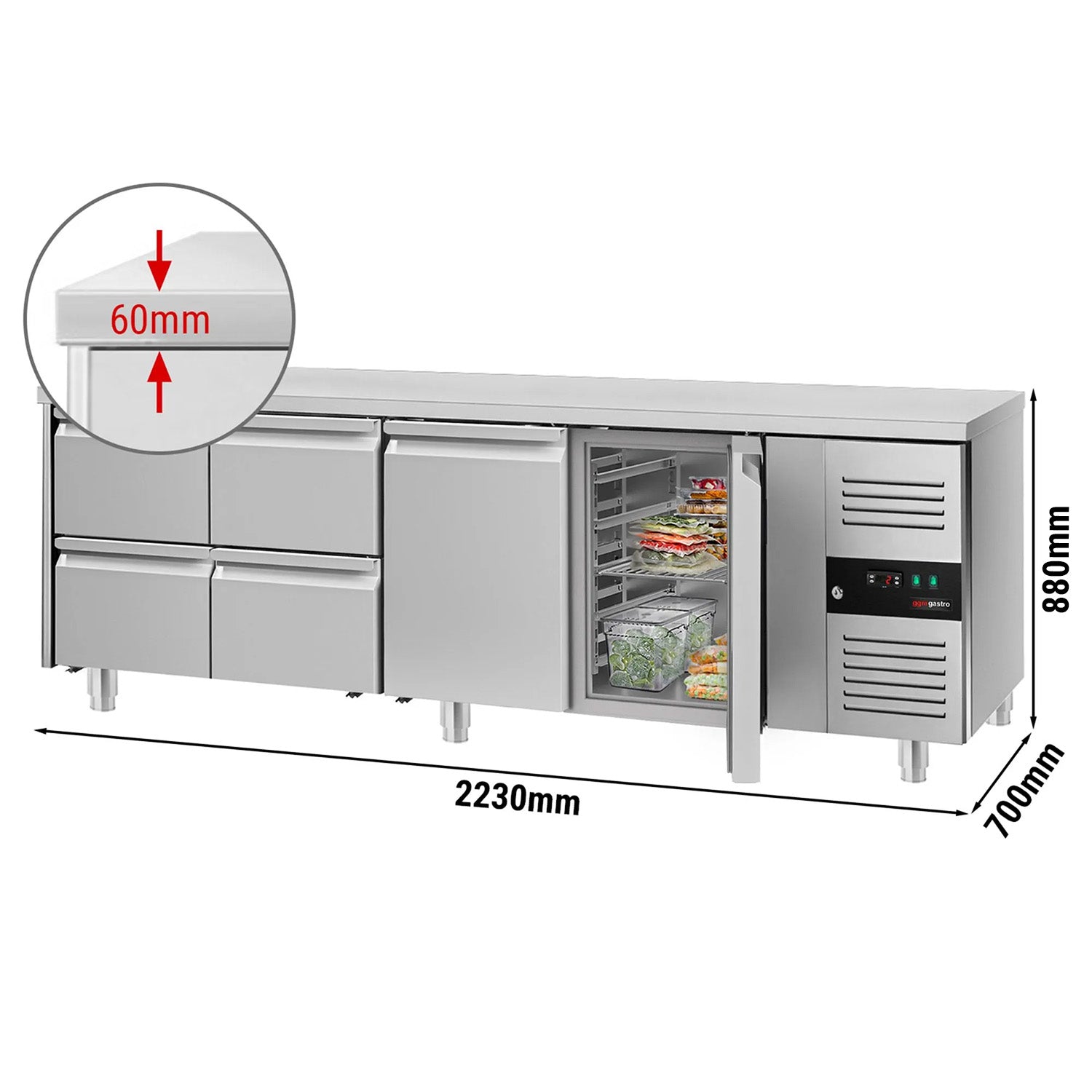 Kølebord ECO - 2,2 x 0,7 m - med 2 Døre og 4 Skuffer 1/2