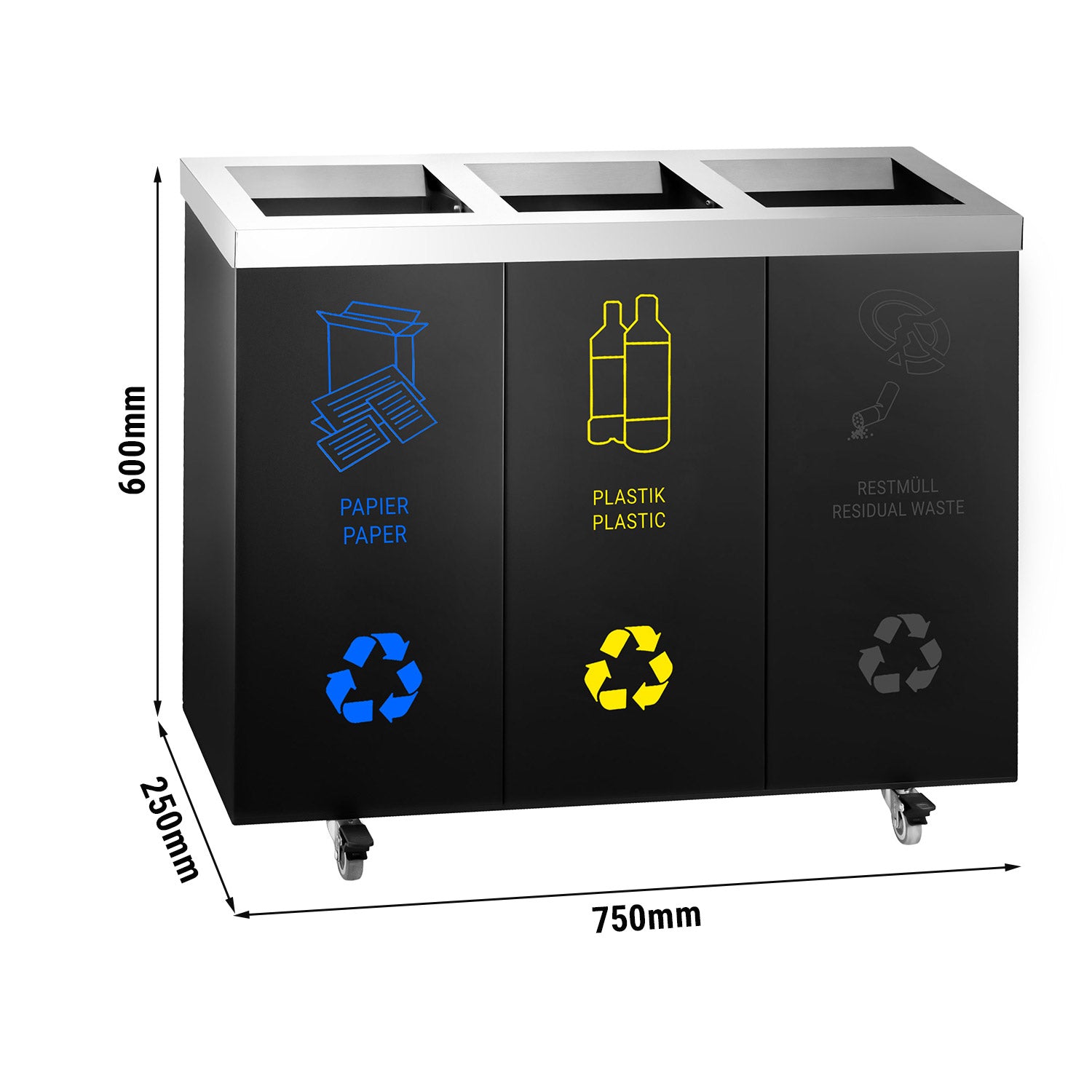 Affaldssorteringssystem med 3 rum - 4 hjul - rustfrit stål