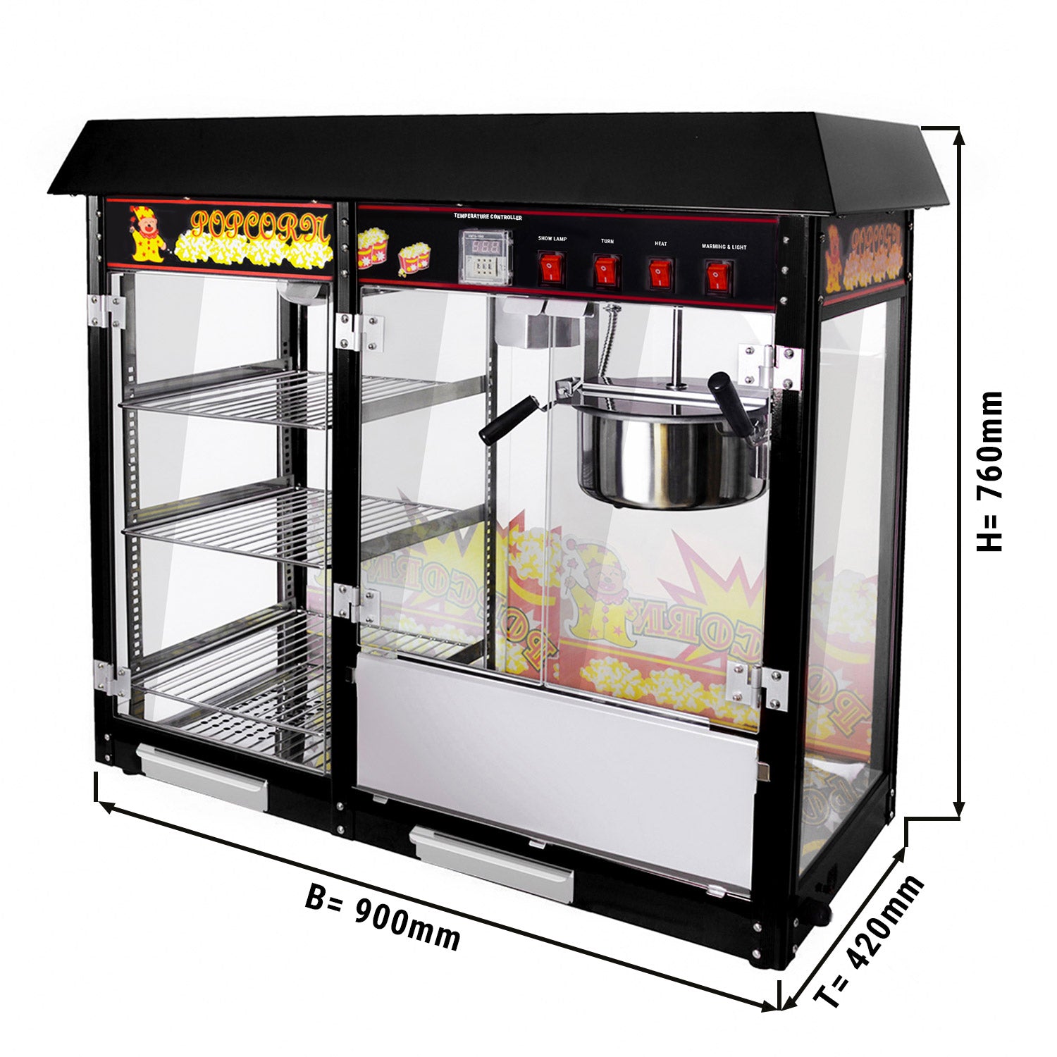 Popcornmaskine - 5 kg/t - med 3 opvarmede hylder