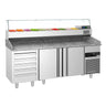 Pizzabord PREMIUM - 2100x800mm - med 2 Døre, 5 Skuffer og Køleopsats til 10x GN 1/3 Beholdere