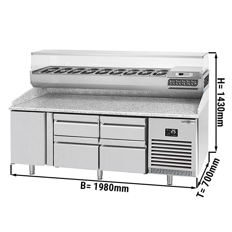Pizzadisk (GN) - med 1 Dør, 4 Skuffer 2x 2/3 og 2x 1/3 (GN 1/1) og Køleopsats til 9x GN 1/4 Beholdere