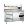 Pizzabord PREMIUM - 1500x800 mm - granitbordplade - med 1 dør og 7 skuffer - inkl. køleopsats med glasafdækning - 7x GN 1/4