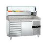 Pizzabord PREMIUM - 1500x800 mm - granitbordplade - med 1 dør og 7 skuffer - inkl. køleopsats med glasafdækning - 5x GN 1/3 + 1x GN 1/2