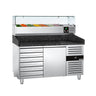 Pizzabord PREMIUM - 1500x800 mm - granitbordplade - med 1 dør og 7 skuffer - inkl. køleopsats med glasafdækning - 6x GN 1/3