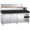 Pizzabord PREMIUM - 2000x800 mm - granitbordplade - med 3 døre - inkl. køleopsats - 9x GN 1/3 - til 60x40 cm plader