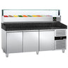 Pizzabord PREMIUM - 2000x800 mm - granitbordplade - med 3 døre - inkl. køleopsats med glasafdækning - 10x GN 1/4 - til 60x40 cm plader