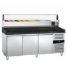Pizzabord PREMIUM - 2000x800 mm - granitbordplade - med 3 døre - inkl. køleopsats med glasafdækning - 9x GN 1/3 - til 60x40 cm plader