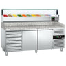 Pizzabord PREMIUM - 2000x800 mm - granitbordplade - med 2 døre og 7 skuffer - inkl. kølemontre med glasafdækning - 10x GN 1/4 - til 60x40 cm plader