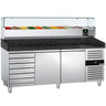 Pizzabord PREMIUM - 2000x800 mm - granitbordplade - med 2 døre og 7 skuffer - inkl. køleopsats med glasafdækning - 10x GN 1/4