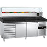 Pizzabord PREMIUM - 2025x800 mm - granitbordplade - med 2 døre og 7 skuffer - inkl. køleopsats med glasafdækning - 9x GN 1/3 - til 60x40 cm plader