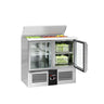 Saladette / Pizzabord PREMIUM - 0,9 x 0,7 m - med 2 Glasdøre - mit Einlass für 2x GN & 3x GN 1/6 & Ståldæksel