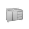 Vaskeskab ECO - rustfrit stål - 1200x600 mm - 3 skuffer - med 1 vask i venstre side