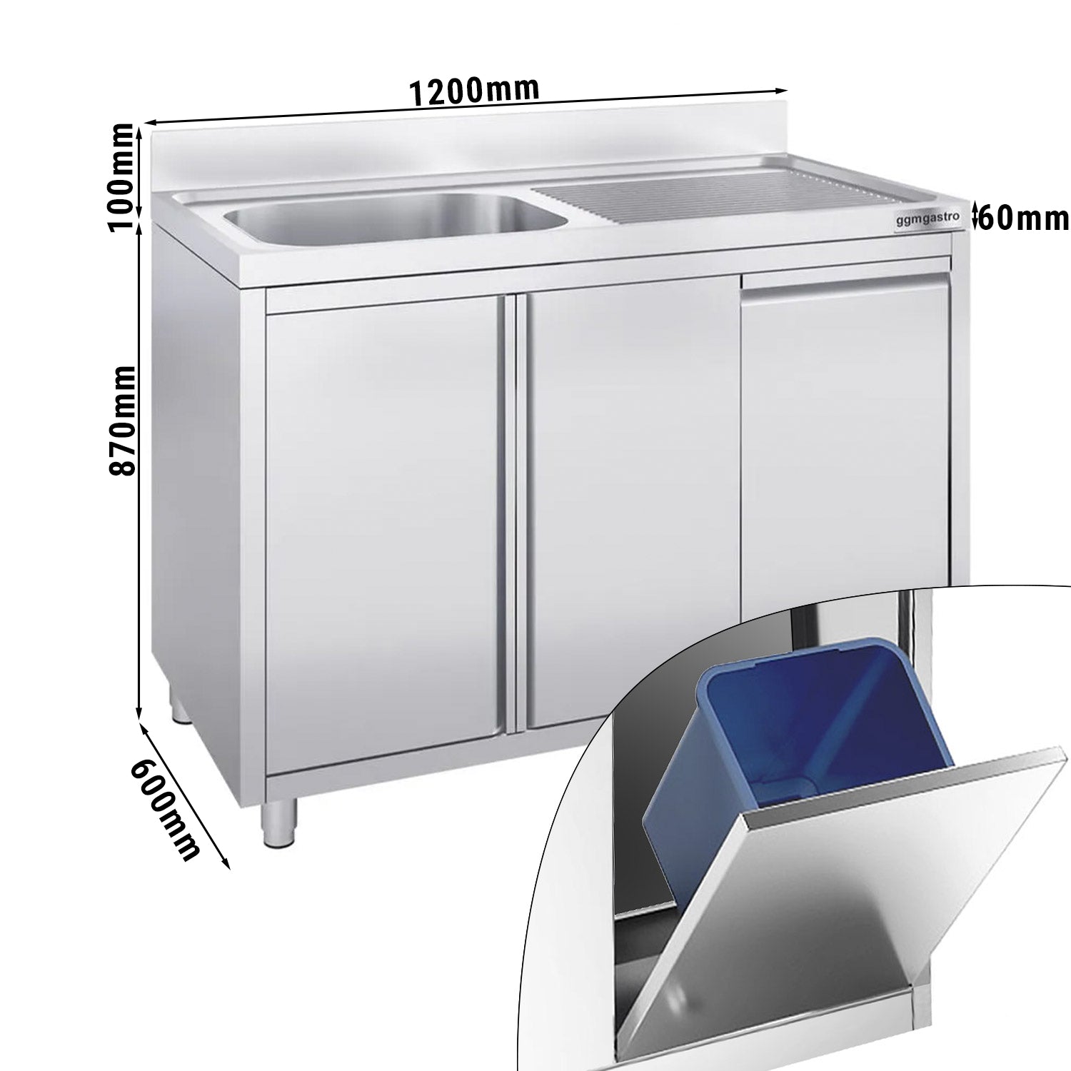 Vaskeskab med skraldespand - 1,2m - 1 vask til venstre - L 50 x B 40 cm