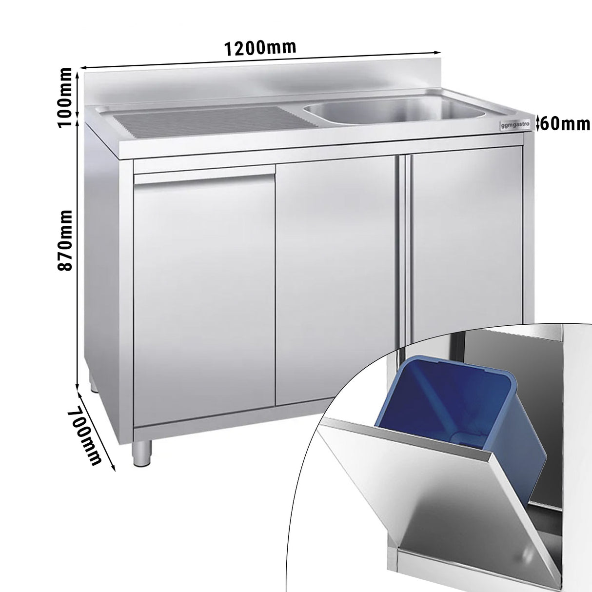 Vaskeskab med skraldespand - 1,2m - 1 vask til højre - L 50 x B 50 cm
