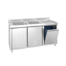 Vaskeskab PREMIUM - rustfrit stål - 1400x700 mm - med affaldsbeholder - med 2 vaske i venstre side