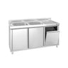 Vaskeskab PREMIUM - rustfrit stål - 1400x600 mm - med affaldsbeholder - med 2 vaske i venstre side