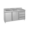 Vaskeskab ECO - rustfrit stål - 1400x700 mm - 3 skuffer - med 2 vaske i venstre side